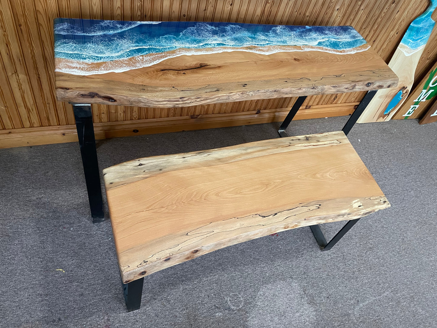 Beech Wood Ocean Epoxy Table & Bench