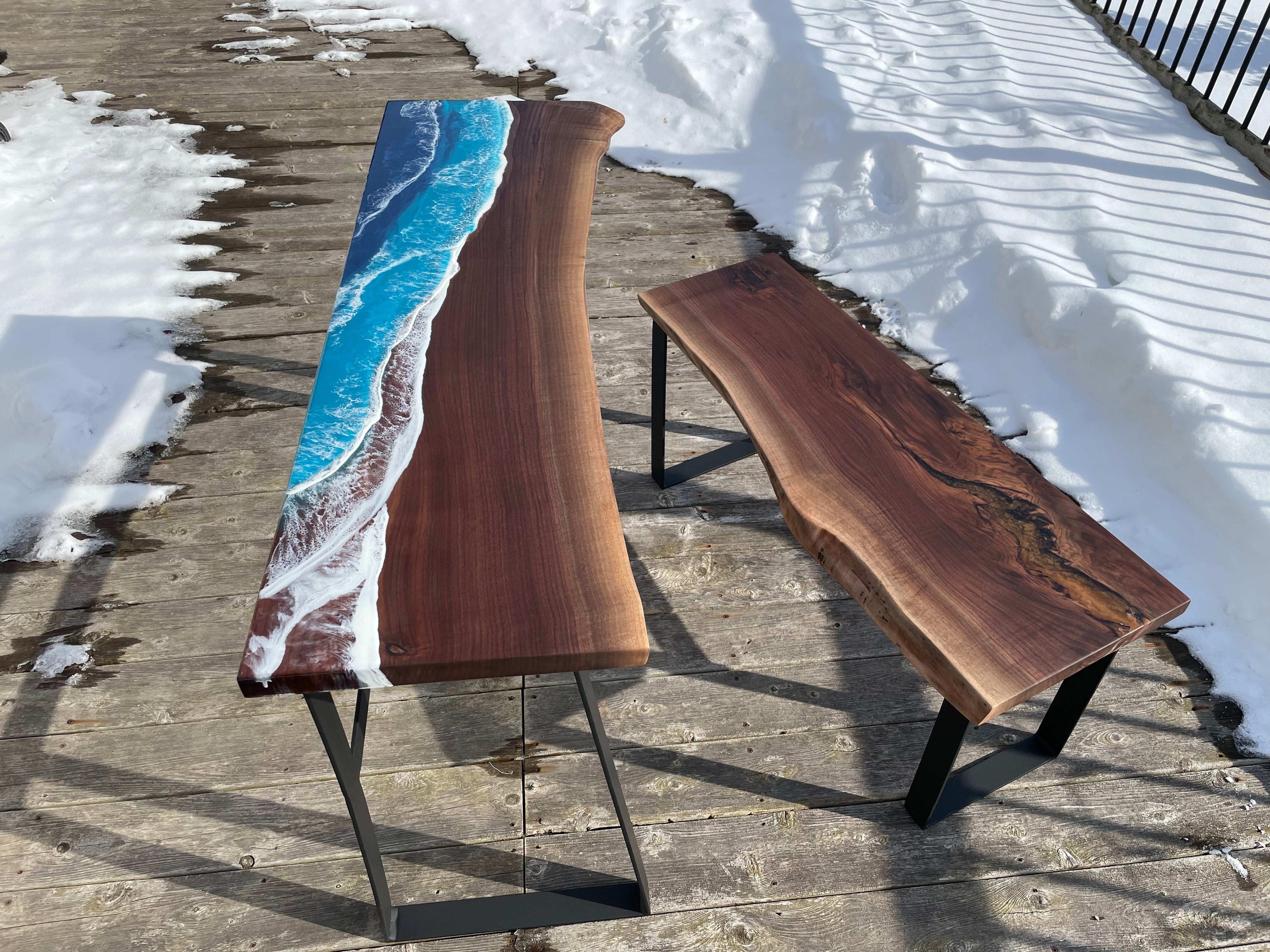 Walnut Ocean Epoxy Table & Bench – Resin in the Woods