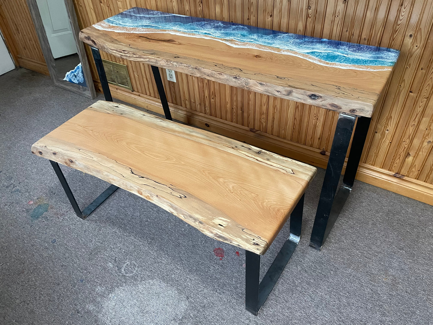 Beech Wood Ocean Epoxy Table & Bench